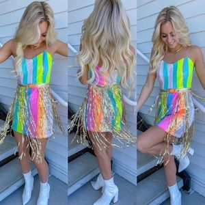 Sparkly Dress in Rainbow with Gold Sequin Fringe